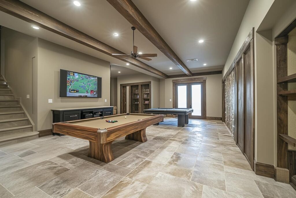 game and rec room in custom home basement