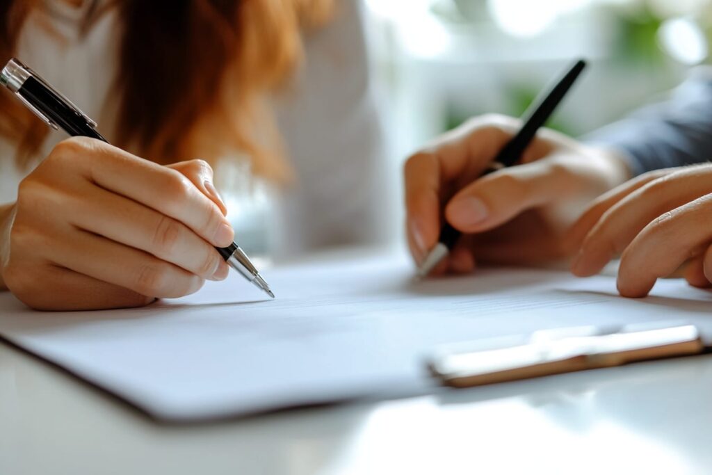 couple signing mortgage for custom home build