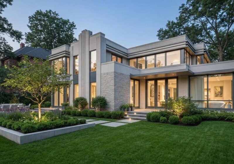 Modern custom home in Toronto with unique architecture and lush landscaping