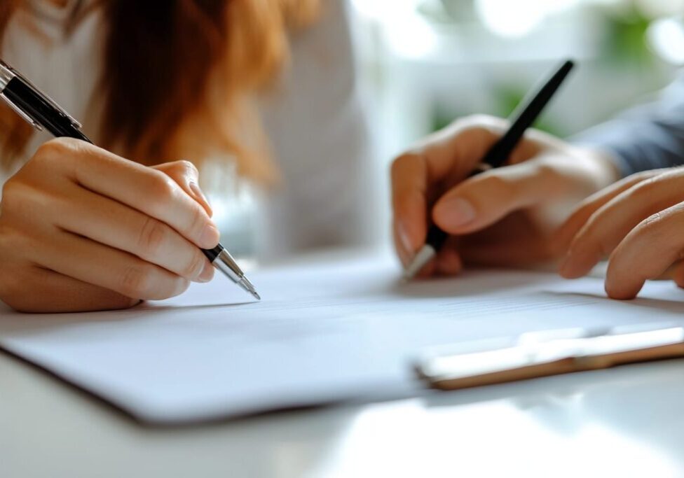 couple signing mortgage for custom home build