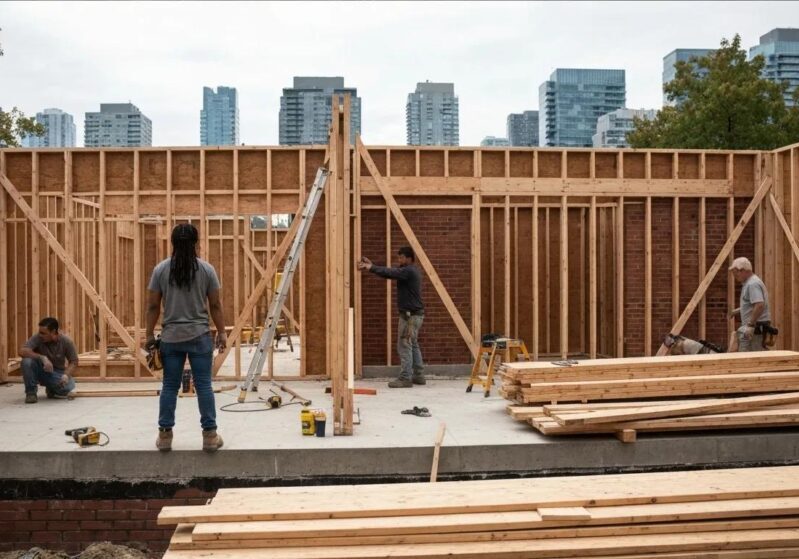 Custom home construction in Toronto with builders collaborating on-site
